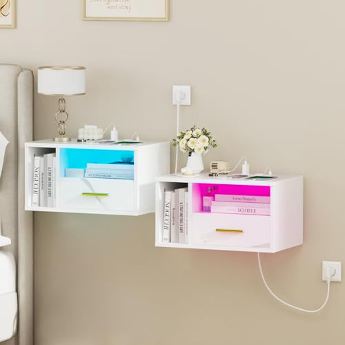 Lvhcmfohm 2er Set Nachttisch Hängend mit Steckdose, Nachtschrank mit 1 Schublade und Offenes Fach, Nachtkästchen Schwebend mit Led, Wandregal für Wohnzimmer, Schlafzimmer, 46.5x30x25.5cm, Weiß