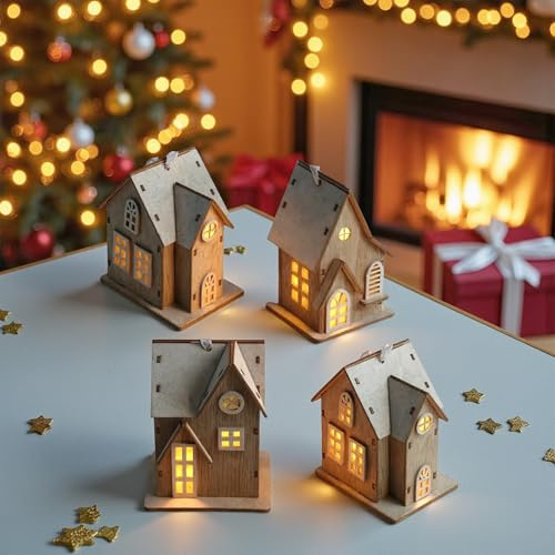 Spetebo LED Holz Weihnachtshaus 10 cm, 4er Set, warm weiß | Zum Hängen, Inklusive Batterie, Beleuchtet, Tischdeko & Aufsteller, Weihnachtsdorf Deko