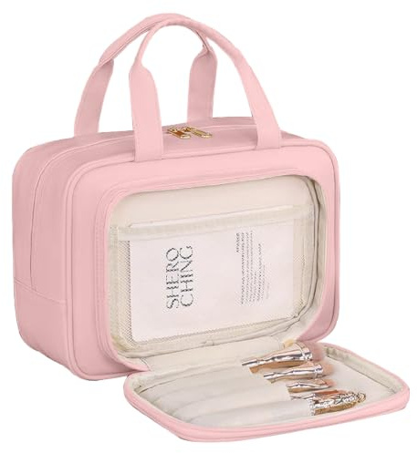 SYEXDZON Necessär i Full Storlek, Stor Bred Öppen Tvätt Makeupväska, Resesminkväska med Flera Fack (Rosa)