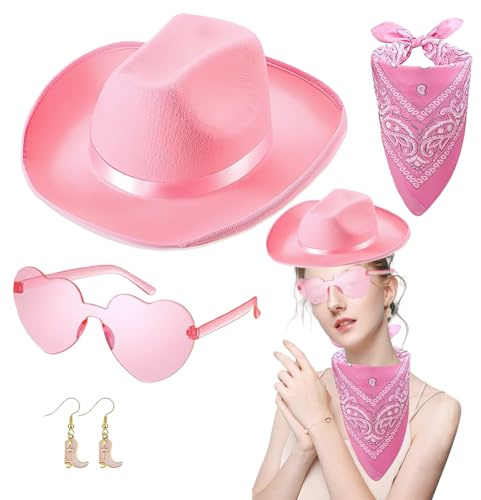 KDFSSIPE Rosa Western-Cowboyhut, Cowboyhut Set für Damen, Flauschige Cowgirl-Hüte mit Bandana und Herz-Sonnenbrillen für Hochzeit, Junggesellinnenabschied, Geburtstagsparty und Kostümzubehör,4pcs