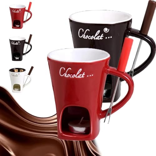 Chocolate Fondue Mug with Forks, Chocolate Melting Cup, Ceramic Butter Warmers Pot Set, Personal Cheese Melting Cup, Fondue Heated with a Tealight, Warmer Mug for Candy Snack Caramel Party (Red+COF)