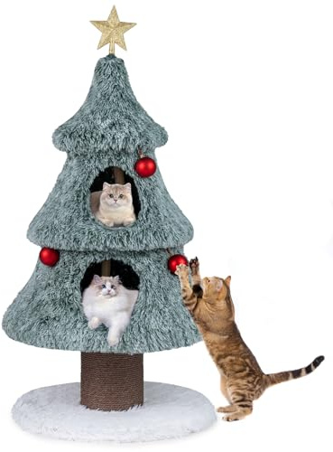 GOPLUS 123 cm Árbol de Navidad para Gatos, Moderna Torre para Gatos con 2 Condominios Grandes, Rascador en Forma de Tronco, Bolas Colgantes, Centro de Actividades de Interior