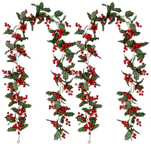 2X Beerengirlande Rot Deko,1,74M Rote Beeren Deko Weihnachtens Zweig, Stechpalme Künstliche Weihnachtsgirlande, Girlande Weihnachtens Mit Grünen Blättern Beeren, Weihnachtsdekorationen Für Außen Innen