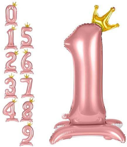 APXEL Pink Standing Crown Number 1 Balloons, 42 Inch Large Foil Number 1 Balloons, Self Inflating 1th Birthday Balloon for 1 Year Anniversary Birthday Party Christmas Decorations