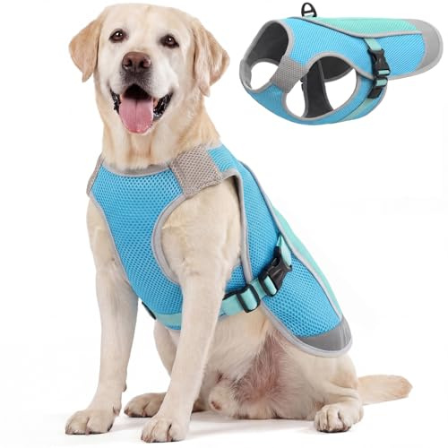 Kuoser Kühlweste Hund, Kühlweste für Hunde mit Verstellbarer Brustschnalle & D-Ring, Atmungsaktive Hundekühlweste Sommer mit Sonnenschutz Hitzeschutz, Outdoor Kühlmantel Hund, Blau L