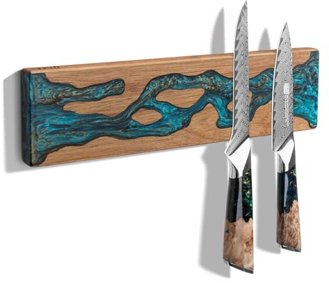FINDKING Magnetic Knife Strip for Wall, Solid Acacia Wood with Mineral Blue Resin Inlay, Wall-Mounted Knife Holder with Strong Magnetic Hold, No-Drill Adhesive Mount (12 Inch)