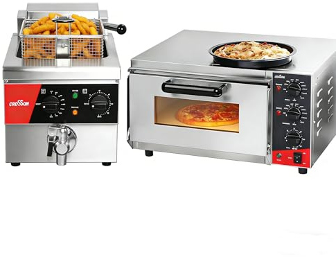 CROSSON 16 Professional Pizzaofen 4000W,Pizzabackofen Elektrisch Edelstahl mit 30-Minuten-Timer 350℃,Elektrische Fritteuse 6L mit Ablaufhahn,Timer
