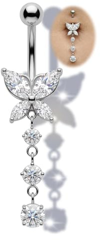 AceFun Bauchnabelpiercing Silbervergoldet 925 Silber 14G 1.6mm 6mm 8mm 10mm 12mm 14mm Bauch Nabelpiercing Schmetterling Dreifach Zirkonia Bauchnabel Piercing Langes Anhänger Piercingschmuck für Damen