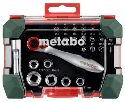 metabo Bit- und Ratschen-Box SP, 26-teiliges Bit Set mit Steckschlüsseln | Robustes Werkzeugset mit 18 farbcodierten S 2-Bits, 6 Steckschlüsseln, Verlängerung und Ratsche in Aufbewahrungsbox
