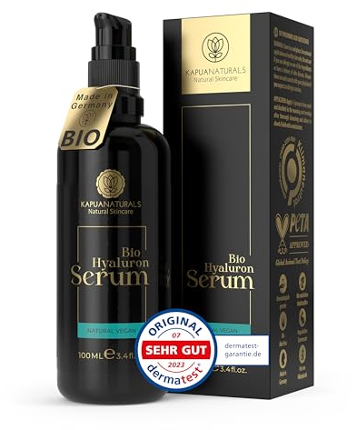 BIO Hyaluron Serum hochdosiert • 100ml +Vit E & B5 • 7-Fach Hyaluronsäure Serum Gesicht ✓100% Vegan&BIO ✓Anti-Aging Konzentrat ✓ Anti Falten Serum Naturkosmetik ✓Made in Germany ✓Hyaluronic Acid Serum