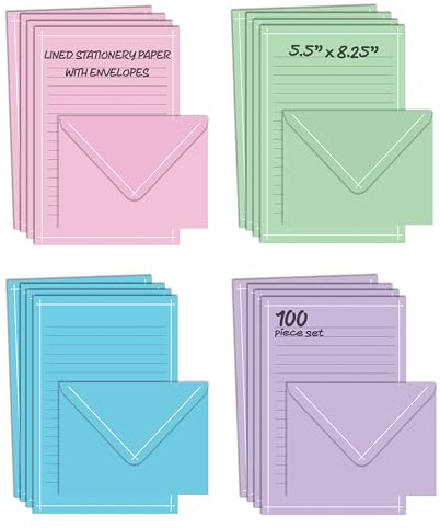Better Office Products Mini Stationery Set, 100 Piece Set (50 Lined Sheets + 50 Matching Envelopes), 4 Solid Colors, Thin White Border, 5.5 x 8.25 inch, Double Sided Printing, One Side Lined Paper,