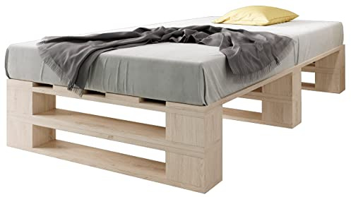 sunnypillow Palettenbett M2 aus Holz 80 x 200 cm mit Lattenrost Stabiles Seniorenbett Kinderbett Jugendbett Gästebett erhöhtes Einzelbett Bettgestell Futonbett Komforthöhe Naturholz