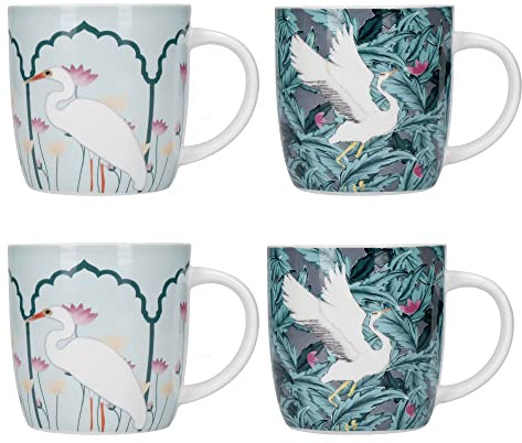 KitchenCraft Oriental Exotic Crane Set 4 Steingut-Kaffeetassen, grün, 425 ml