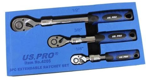 US PRO Tools 3pc Extendable Ratchet Set 1/4 3/8 1/2 Drives in Foam Tray 4205