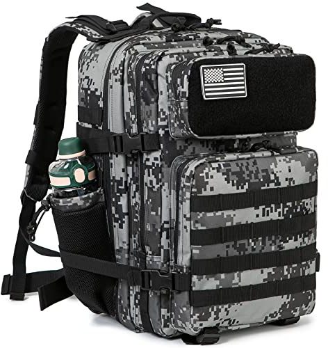 QT&QY Military Tactical Backpacks For Men Army Molle Daypack 45L Large 3 Day Bug Out Bag Gym Rucksack With Bottle Holder Black Camo