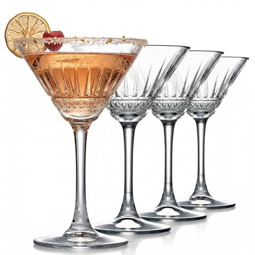 the mask el turko Vintage Martini Glasses Set of 4, Cocktail, Espresso Martini, Margarita, Prosecco, Coupe, Champagne Glasses with Long Stem (Elysa 7.4oz)