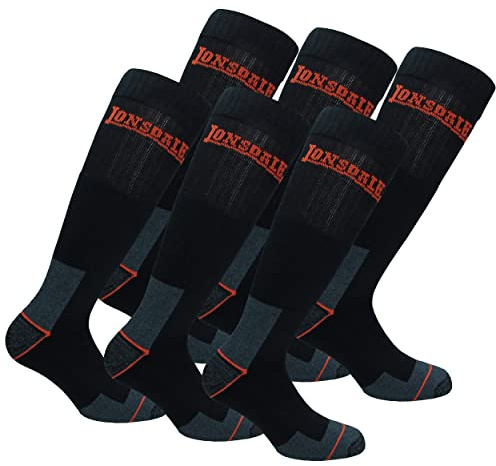 Lonsdale 6 Paires Chaussettes Longues Travail - Hauteur Genou - Chaussures Sécurité - Pointe Talon Renforcés - Coton éponge (Noir, 43-46)