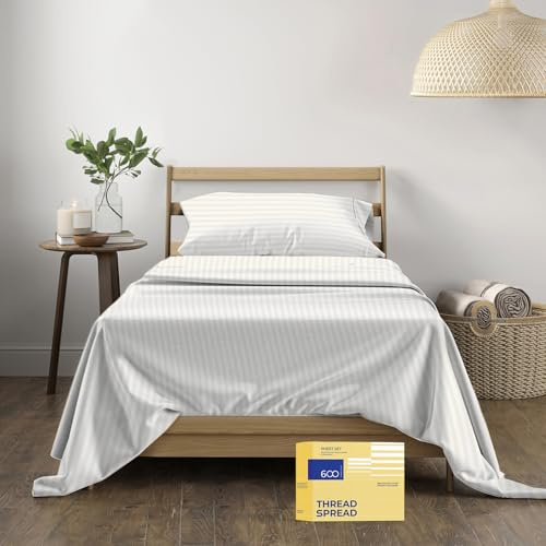 THREAD SPREAD Luxury Egyptian Cotton Twin Stripe Sheet Set - 600 Thread Count Extra Long Staple 3 PC Set, Twin Damask Sheets, Soft, Cooling Sateen Weave Striped Sheets Upto 18 Deep Pocket - Ivory