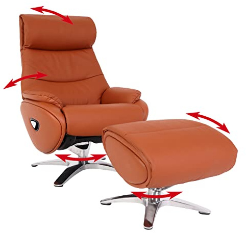 Mendler Relaxsessel mit Hocker HWC-K98, Fernsehsessel Sessel, Liegefunktion drehbar, Metall Echtleder/Kunstleder - braun