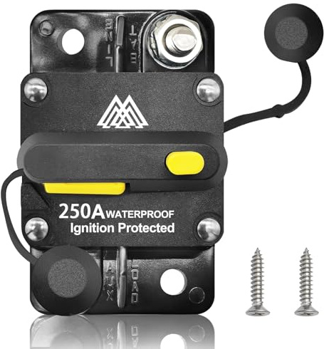 M1A2 Waterproof 250A Circuit Breaker Fuse Holder 12V- 48V DC Manual Reset Switch for Boat Trolling Motor Marine ATV Trailer Vehicles Stereo Audio Electronic Battery Solar System w/2 Screws