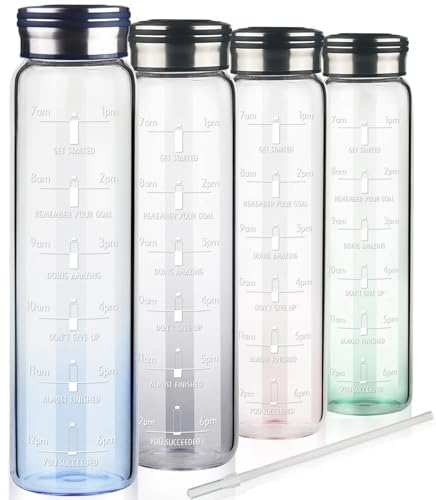 Cleesmil Trinkflasche Glas 1l, Motivierende Wasserflasche mit Strohhalm & Zeitmarkierungen, 1 Liter Glasflasche mit Neoprenhülle, Kohlensäure Geeignet
