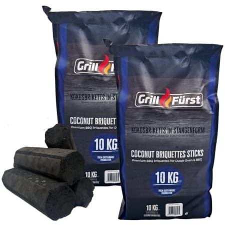 Grillfürst Kokosbriketts in Stangenform 20 kg - Briketts aus Kokosnussschalen für eine extra Lange Grilldauer, aus 100% Kokosschalen, 2 x 10 kg