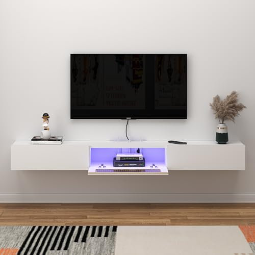 Pmnianhua Meuble TV Mural Bois Porte Vitrée 2 Tiroirs Support Flottant Suspendu (180cm)
