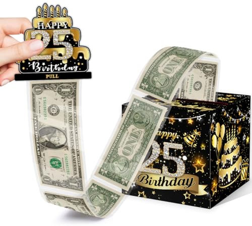 Black Gold Money Box for Cash, Surprise Box Explosion for Women & Men - 25th Birthday Money Gift Ideas - Includes 35 Bags