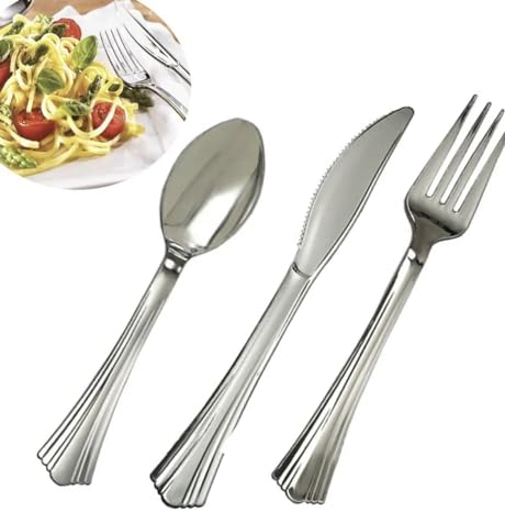 36 Heavy Duty Silver Plastic Cutlery Set - 12 of Each Piece Quality Bulk Reusable Fancy Plastic Silverware Perfect for Parties