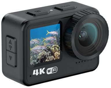 Andoer Action Cam 4K 60FPS, 24MP WiFi Action Kamera 170°-Weitwinkelobjektiv Dual-Screen-Touch-Steuerung 21M/69ft Gehäuse Wasserdicht mit Montagezubehör-Kit für Tauchen Surfen Skifahren Radfahren