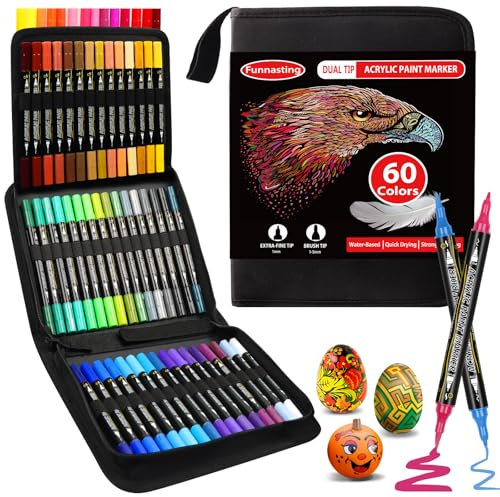 Funnasting Acrylstifte für Steine Wasserfest, 60 Farben Dual Tip Acrylic Paint Marker, Acrylfarben Set Stifte mit Pinselspitze und feiner Spitze, Paint Pens für Rock, Keramik-Oberflächen, Holz