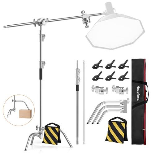 C Stand with Boom Arm 10.8ft/330cm, Huzofexo Stainless Steel Photography Light Stand with Lifting Leg and Holding Arm for Photo Studio Reflector, Monolight, Softbox