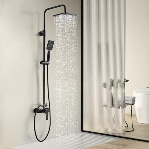 Coleniny Columna Ducha con Grifo Negro, Altura Regulable 110-145cm, Conjunto Completo con Grifo Monomando, Sistema de Lluvia Cuadrada 21x21cm, Ducha de Mano de 3 Modos, Manguera 1.5 m
