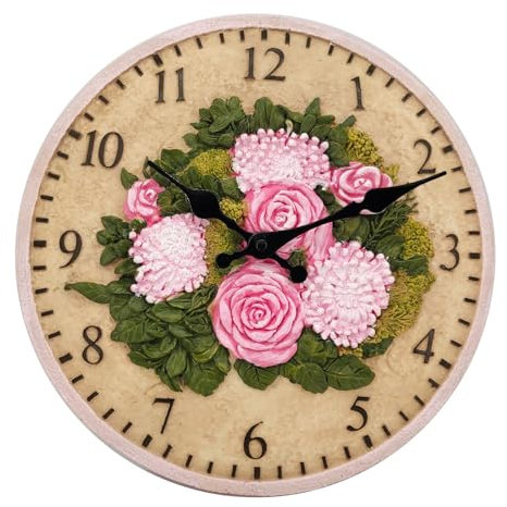Reloj de pared para jardín peonía flores Adornos de resina retro vintage 30 cmRelojes de pared grandes a prueba de agua Reloj decorativo de arte pastoral para interior exterior jardín hogar