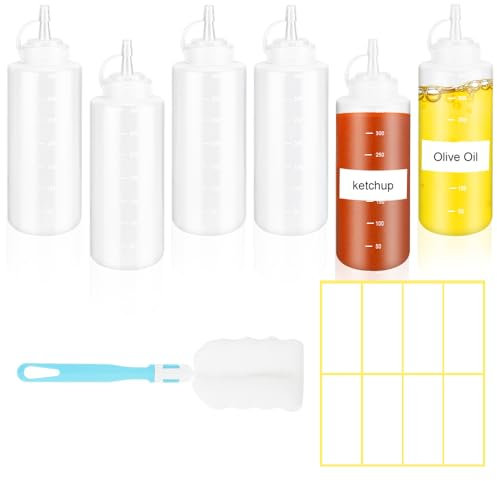 HMIEPRS 6Pcs Sauce Bottles with Lid, 360ML/12oz Refillable Food Grade Squeeze Bottle with Cleaning Brush & Sticker, Squeezy Condiment Bottles for BBQ Ketchup Mustard Oil Salad Dressing