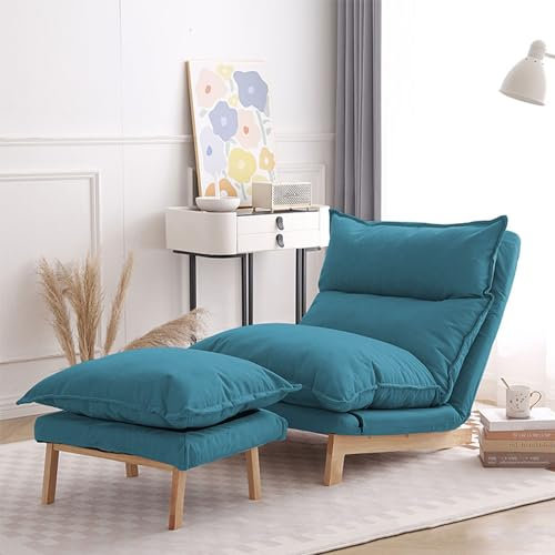 Moderner Loungesessel 2er Set mit Ottomane Verstellbare Rückenlehne Baumwolle Leinen Blau Wohnzimmer Akzentstuhl
