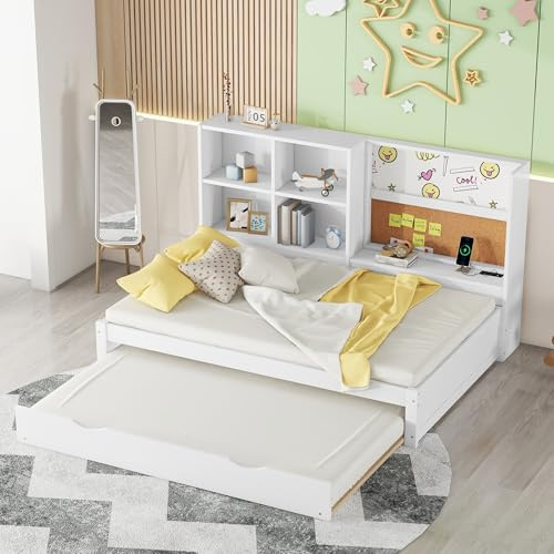TIZZ Schlafsofa,mit ausziehbarem, Bett, Zeichenbrett, mehrere Staufächer, USB-Ladeanschluss,90x200cm (Weiß)