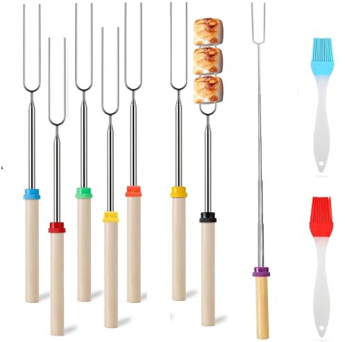 Teleskop Grillspieße Edelstahl - 8 Stück, Ausziehbar 31-81 cm, Marshmallow Spieße mit Holzgriff