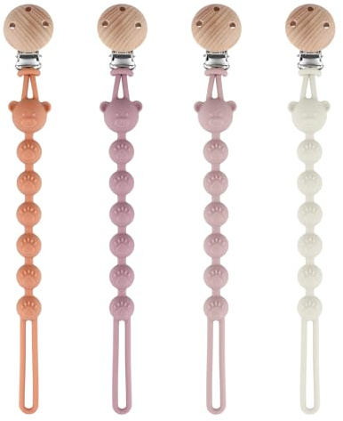 Douuco - Juego de 4 pinzas para chupete de silicona, clip de chupete de silicona, enganche para chupete de bebé, sin BPA, cadena de lactancia multifuncional para niños y niñas (naranja + morado + gris