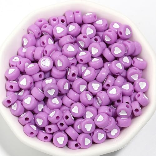 100 st/paket akryl oblate färgade kärlekspärlor gör-det-själv pärlor flerfärgade kärlek lösa pärlor armband pärlor - ljuslila + vit kärlek - diameter 7 mm håldiameter ca 2 mm