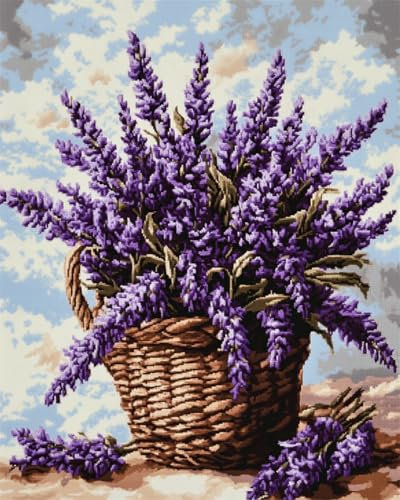 AYAOYANGGO 11CT Kreuzstich Set Stickset „Blumen Im Korb“，Lila Lavendelblüten，Kreuzstich-Set Für Erwachsene Mit Nadeln，Schereneinfädler，Vordruck Für Die Wanddekoration Zu Hause 40x50cm
