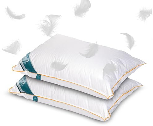 Mega_Jumble Luxury Goose Feather and Down Pillow Pair, 100% Cotton Cover, Soft Hotel Quality Feather Pillows Hypoallergenic, Bed Pillows for Head & Neck Support Side Sleeper