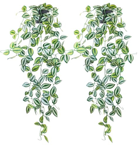LOYWREE 2 Pack Fake Hanging Plants - Small Potted Plants with Green Eyebrow-Leaf Trailing Vines, Indoor Outdoor Aesthetic Decor for Office, Living Room Shelf & Home Accent (Black Pot)