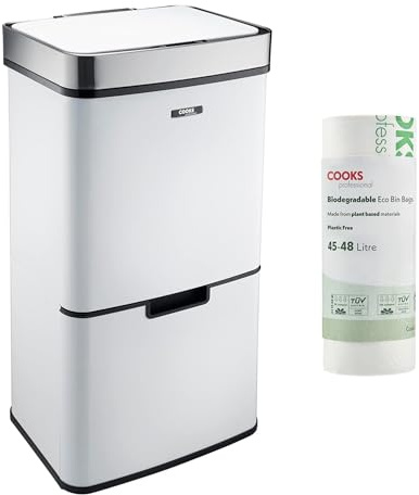 Cooks Professional Recycling Sensor Bin 75L with Dual Compartments and Removable Food Caddy for Kitchen | Smart Automatic Brushed Metal Bins | Includes 25 Biodegradable Bin Bags | White & Silver