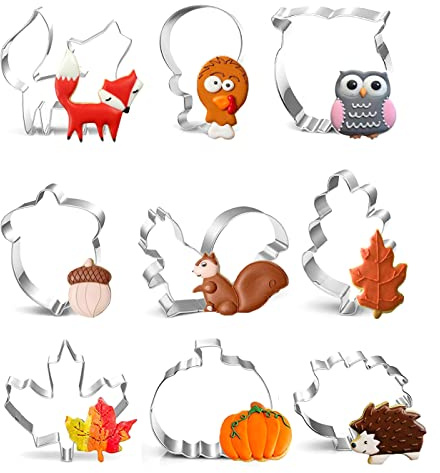 Herbst Ausstechformen, 9 Stück Erntedankfest Ausstecher Blätter Keksausstecher, Edelstahl DIY Fondant - Kürbis Ahornblätter Eichenblatt Igel Eichhörnchen Fuchs Eule Muster für Party Backen Thanksgivin