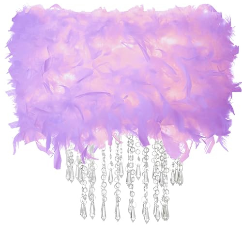 Feather Light Shade with Acrylic Beads Droplets, Fluffy Lamp Shade for Ceiling Pendant, Table, Floor & Wall Lighting, Girl Bedroom Decor, ID 30cm, OD 40cm, Purple
