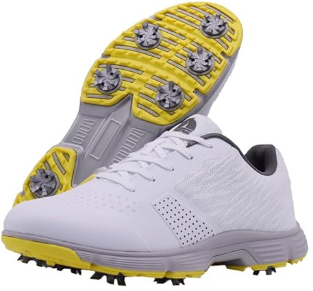 Rhyoam Golf Shoes Men Spikes Golf Sneakers Male Breathable Walking Shoes for Golfers Size Plus (White,10.5)