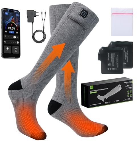 Minthouz Chaussettes chauffantes avec contrôle par application, 5000 mAh, batterie rechargeable, pour homme et femme, chaussettes électriques lavables contre les pieds froids, idéales pour le ski et