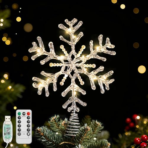Lewondr Weihnachtsbaumspitze Schneeflocke, 12,2'' Glitzernde Epoxid Christbaumspitze mit Perlen & 20 LED Birnen, 6 Std. Timer & 8 Modi USB Fernbedienung, Baumspitze Weihnachtsdeko für Innen, Silber