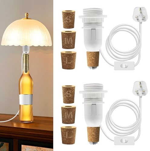 2 Packs E14 Bottle Lamp Kit, 240CM Cable, Bottle Light Adaptor Kit with 3 Sizes of Stoppers, Lamp Kits Do It Yourself, Table Lamp Fittings, DIY Lamps Making Kits for Various Bottles, White
